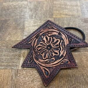 Brown Leather Hair Tie with Floral Design